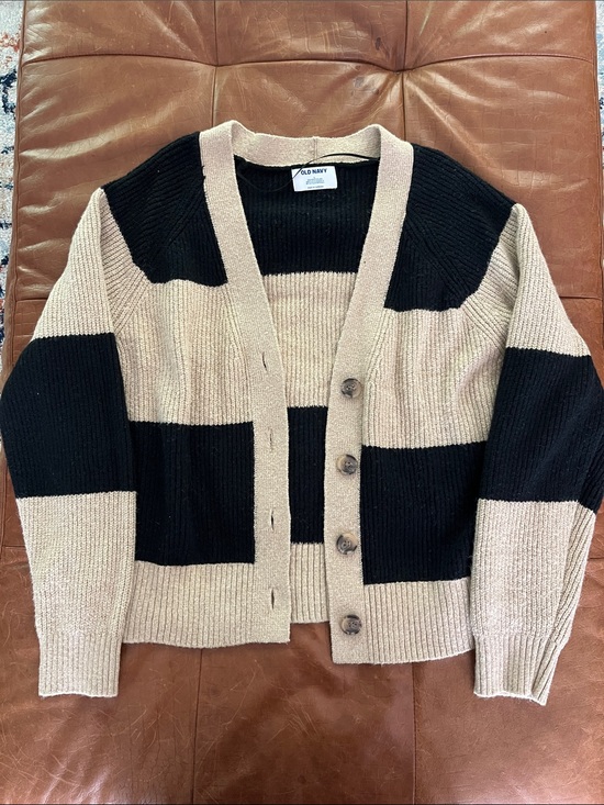 Old Navy Sweaters - Old Navy Black and Beige Wide-Stripe Button Front Cardigan